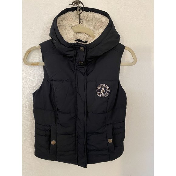 Abercrombie & Fitch Sz XS Vest Jacket Sherpa Lined Double Zip Logo Navy Hoodie - Picture 1 of 9